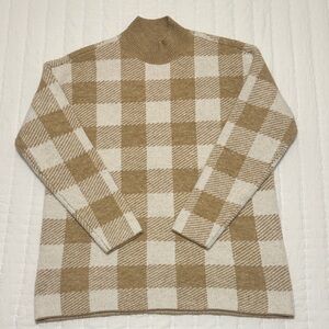 Loft buffalo plaid mock neck sweater in tan and white EUC